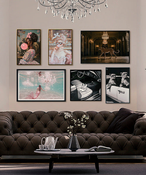 A gallery wall features six art prints, including colorful and black-and-white pieces—portraits of women, a leopard in a grand hall, a swimmer underwater, and vintage-style photography.