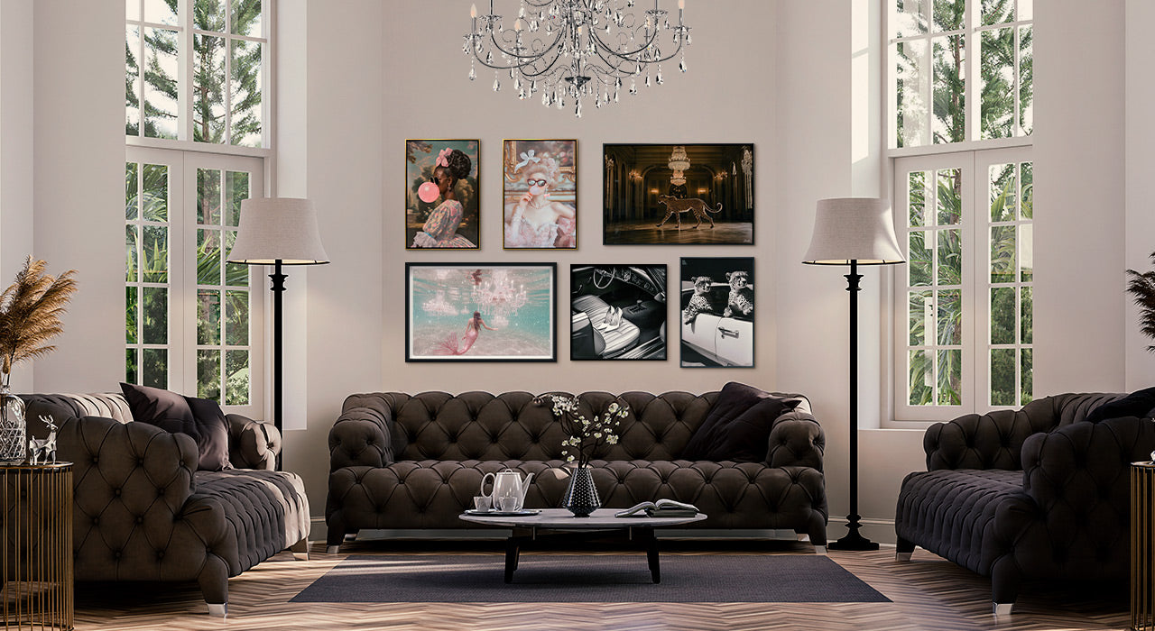 A gallery wall features six art prints, including colorful and black-and-white pieces—portraits of women, a leopard in a grand hall, a swimmer underwater, and vintage-style photography.