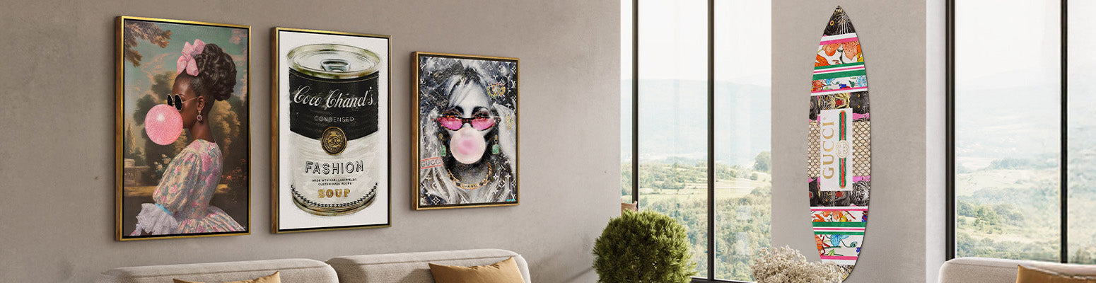 A gallery wall features six art prints, including colorful and black-and-white pieces—portraits of women, a leopard in a grand hall, a swimmer underwater, and vintage-style photography.