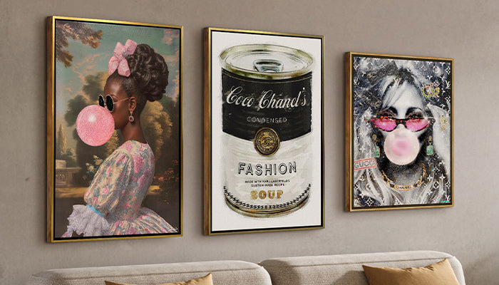 A gallery wall features six art prints, including colorful and black-and-white pieces—portraits of women, a leopard in a grand hall, a swimmer underwater, and vintage-style photography.