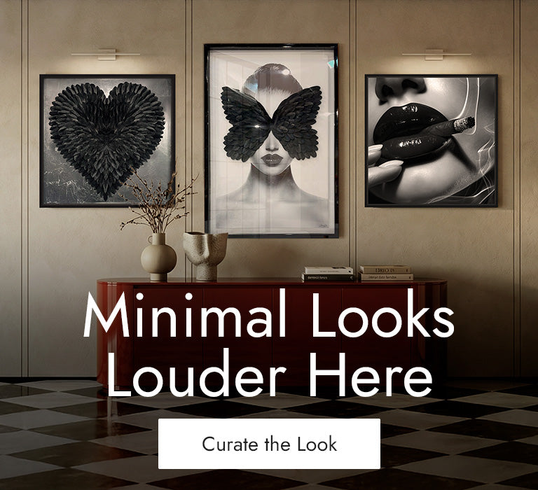 Modern luxury art display featuring monochrome surfboards and metallic designer balloons from the Elegant Neutrals Collection.