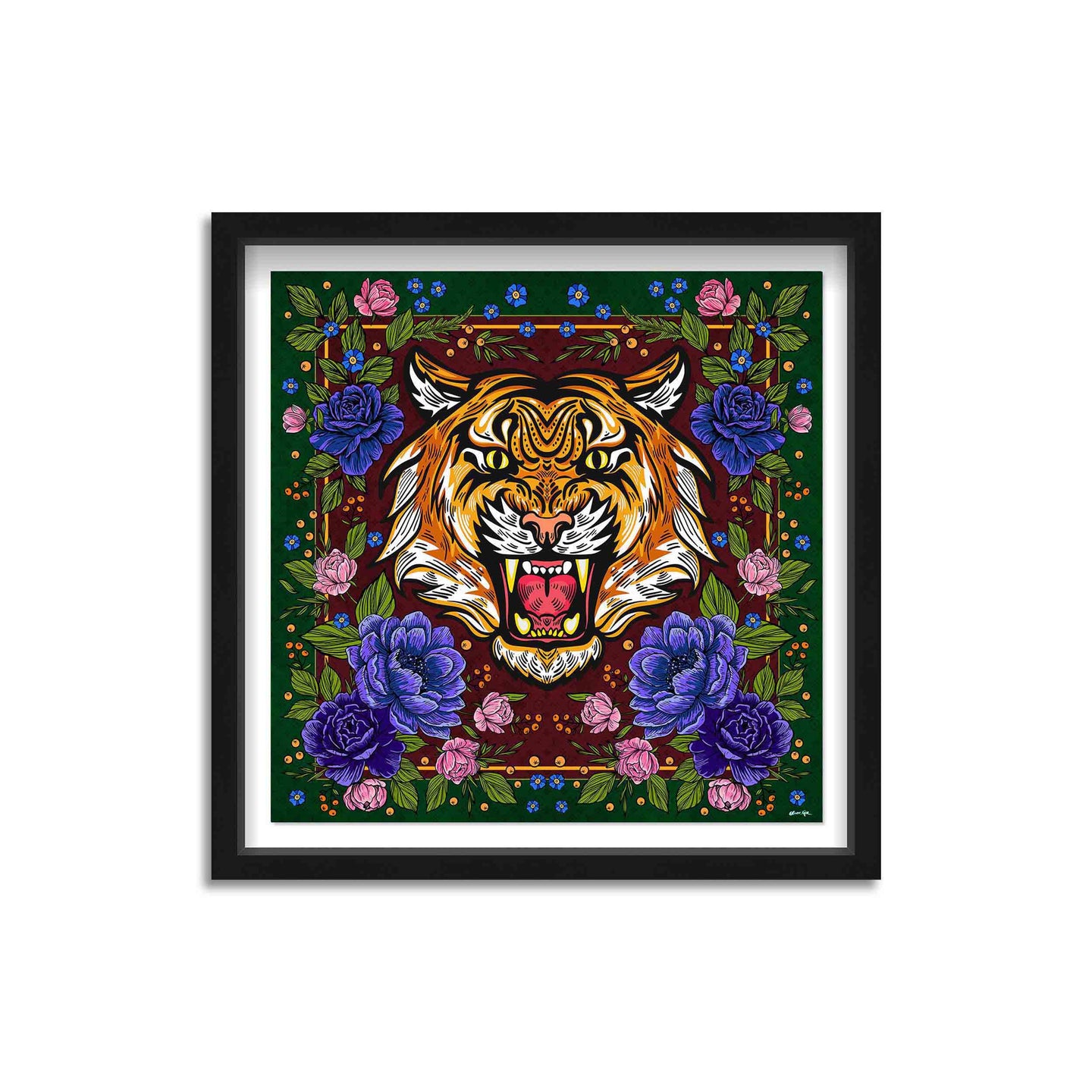 Floral Feline Roses Blue - Displayed in a Shadowbox