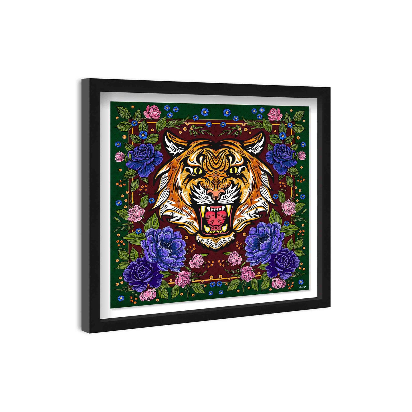 Floral Feline Roses Blue - Displayed in a Shadowbox