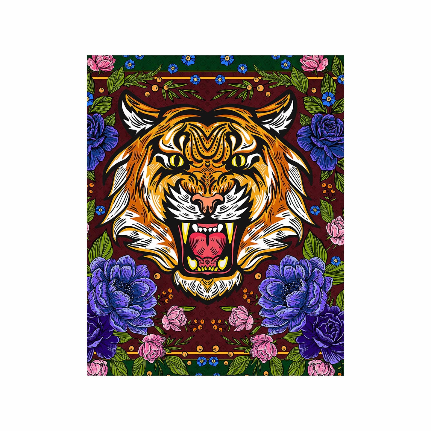 Floral Feline Roses Blue - Displayed in a Shadowbox