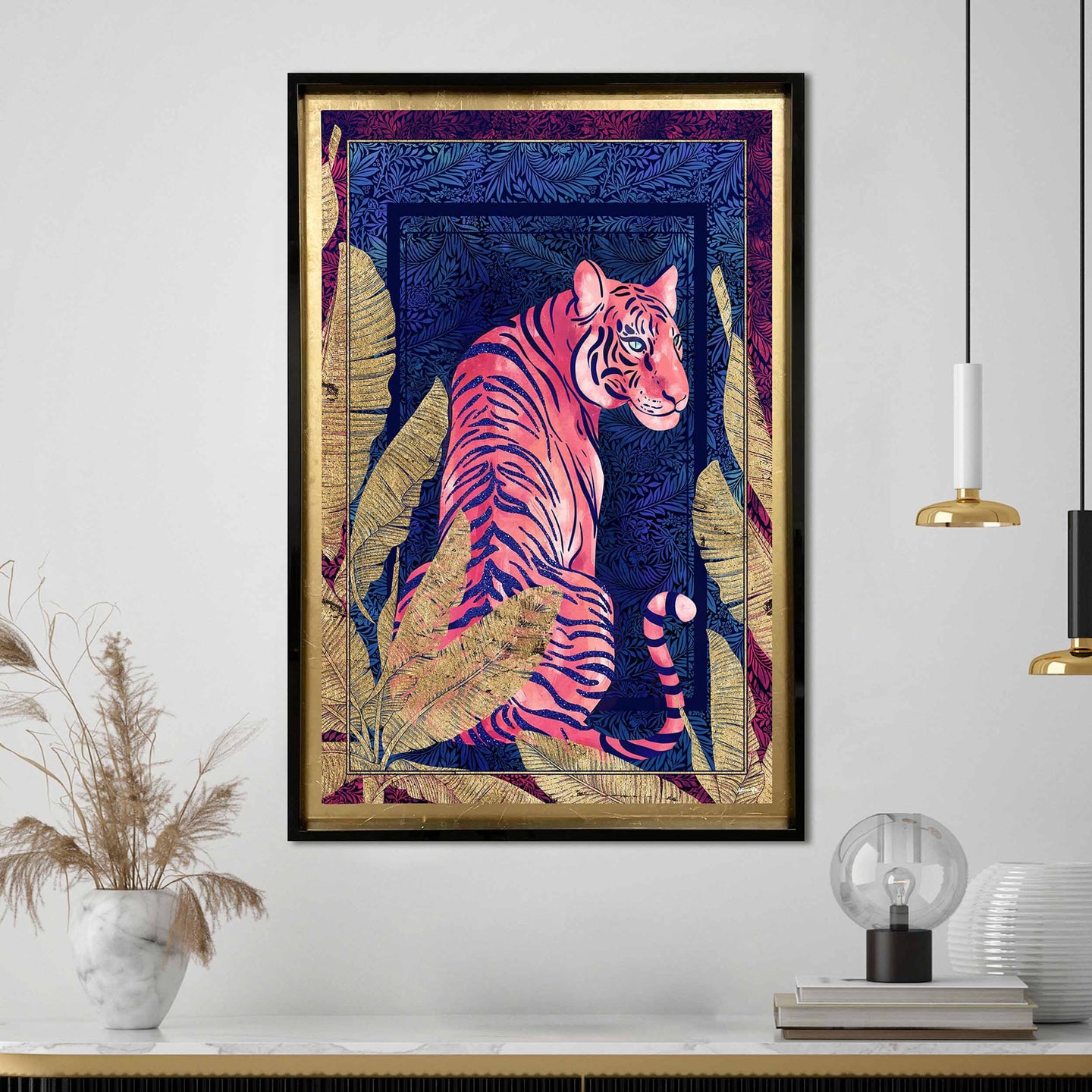 Deep Neon Jungle Cat - With Hand-Applied Glitter and Gold Leaf