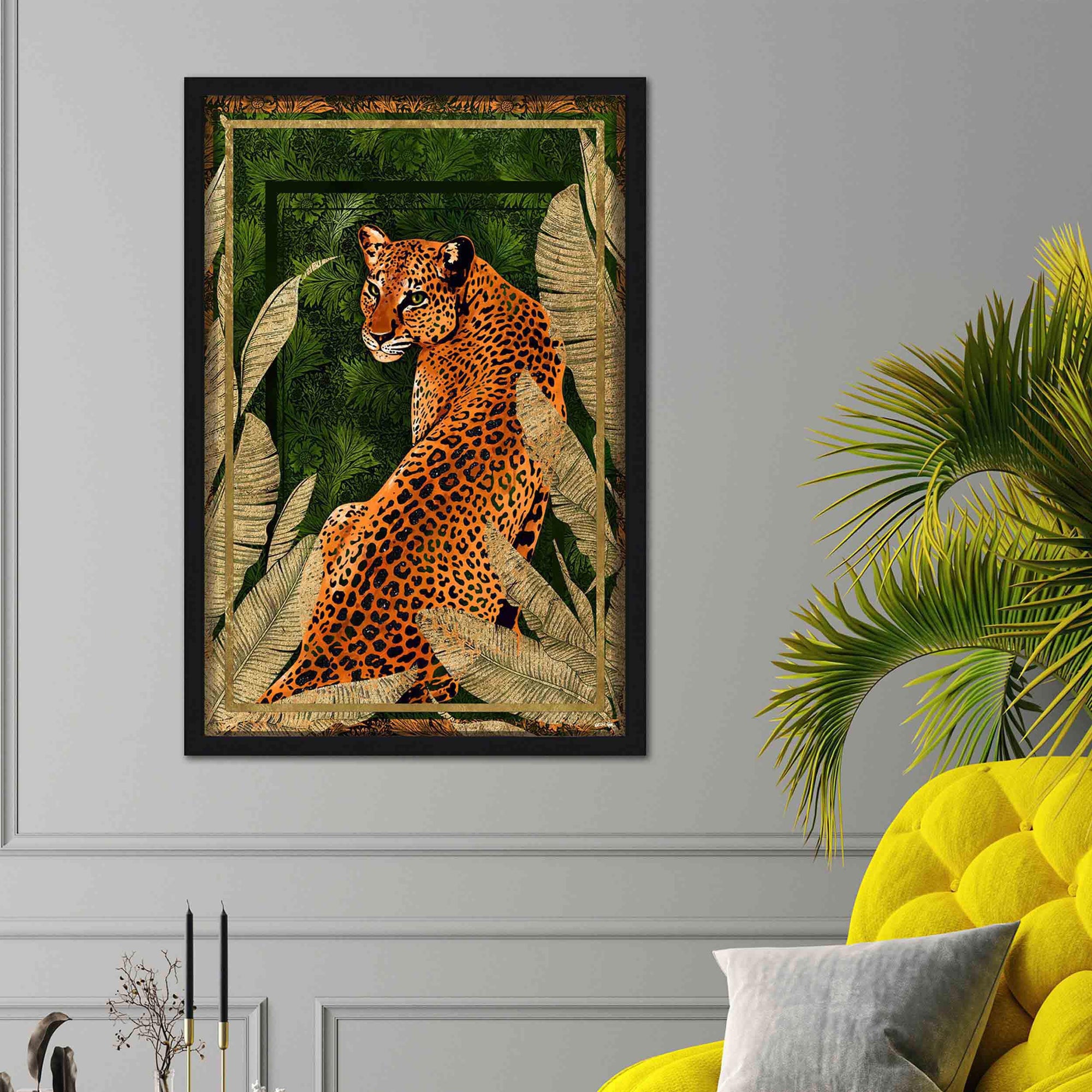 Emerald Jungle Cat - With Hand-Applied Gold Leaf and Glitter