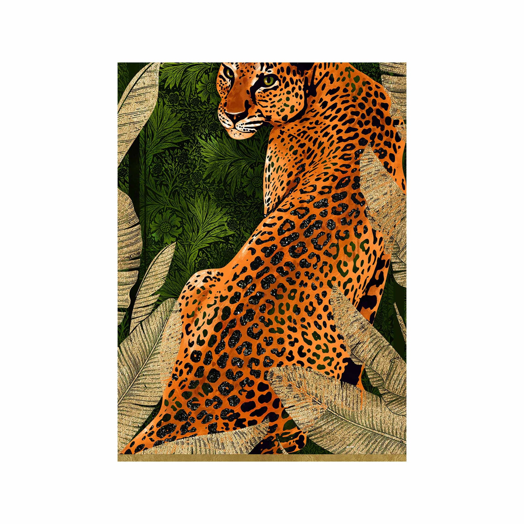 Emerald Jungle Cat - With Hand-Applied Gold Leaf and Glitter