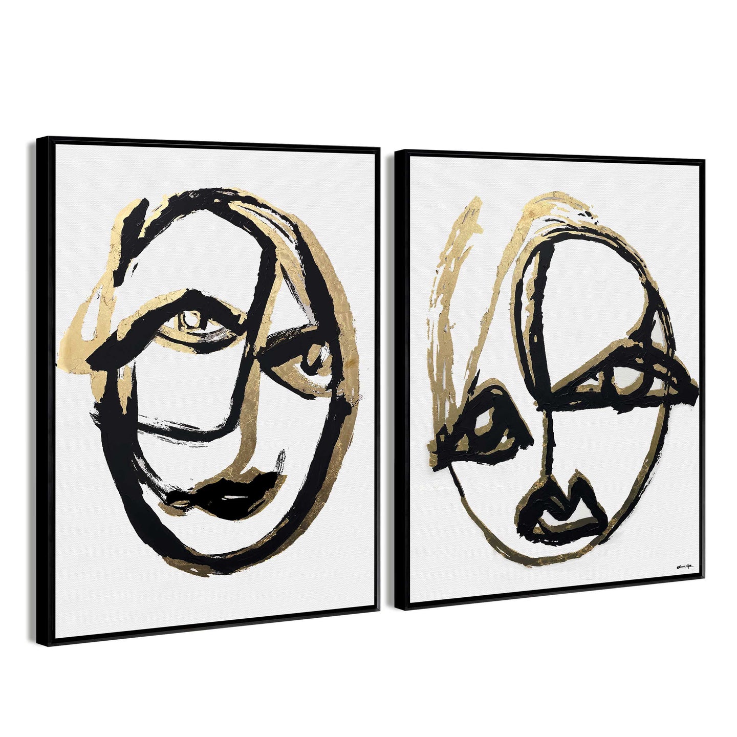 Minimalist Portrait Abstract Set of 2- With Hand-Applied Acrylic Paint and Gold Leaf