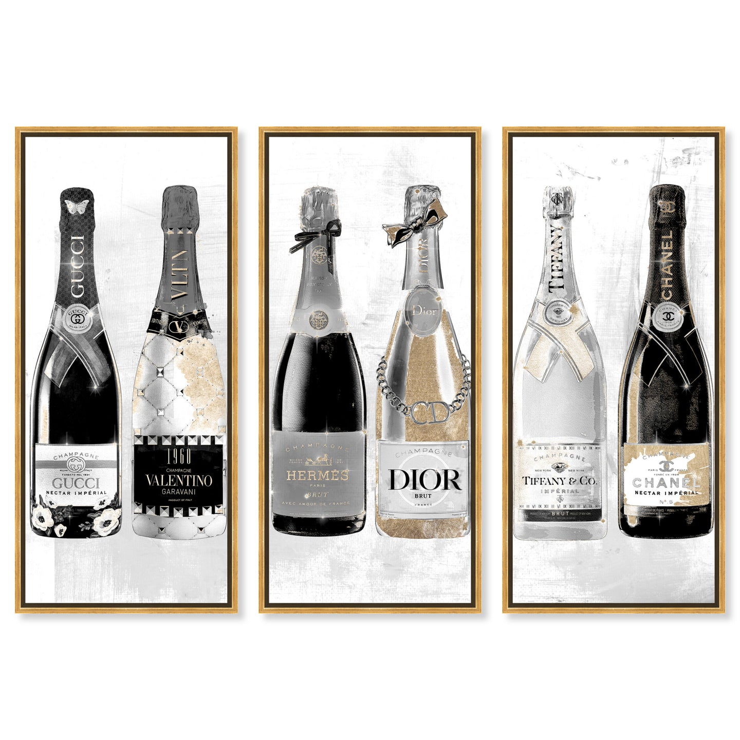 Fashion Champagne Galore Day TRIPTYCH - With hand-applied Shimmer diamond dust