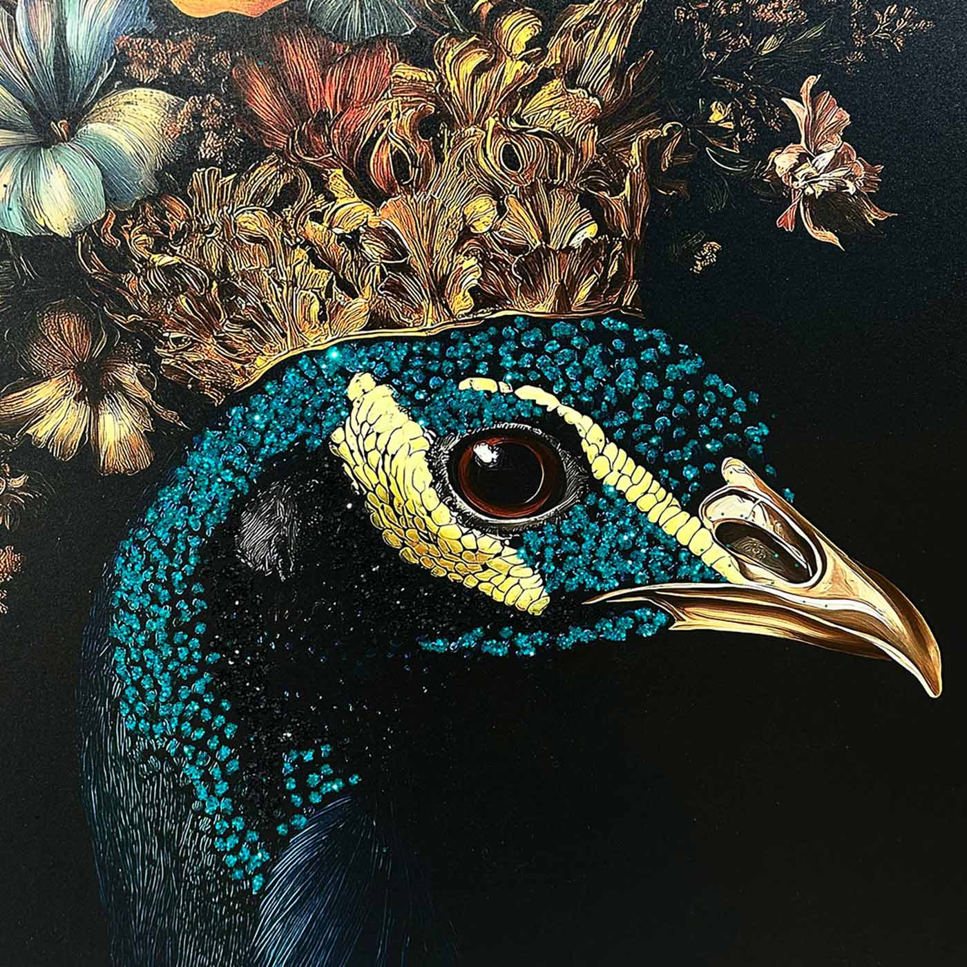 Peacock's Crown I - With Hand-Applied Gold Leaf & Glitter