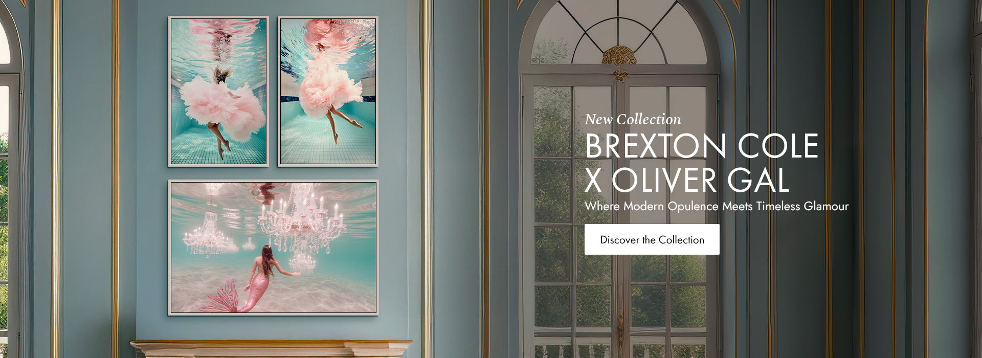Brexton Cole x Oliver Gal collection wall art featuring three underwater-inspired prints with flowing pink fabric, displayed in a luxe room with teal walls and gold trim next to a tall arched window.