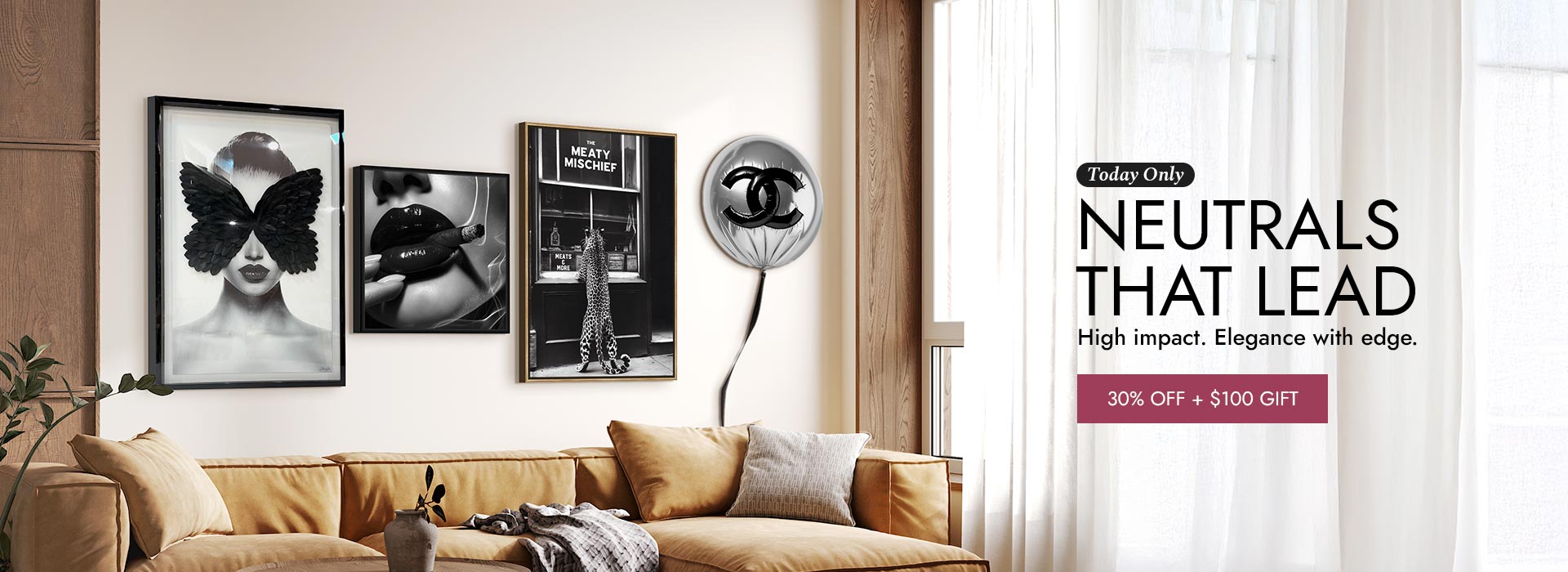Modern luxury art display featuring monochrome surfboards and metallic designer balloons from the Elegant Neutrals Collection.