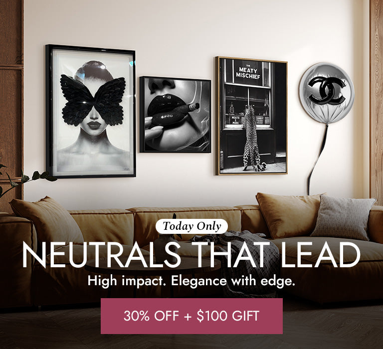 Modern luxury art display featuring monochrome surfboards and metallic designer balloons from the Elegant Neutrals Collection.