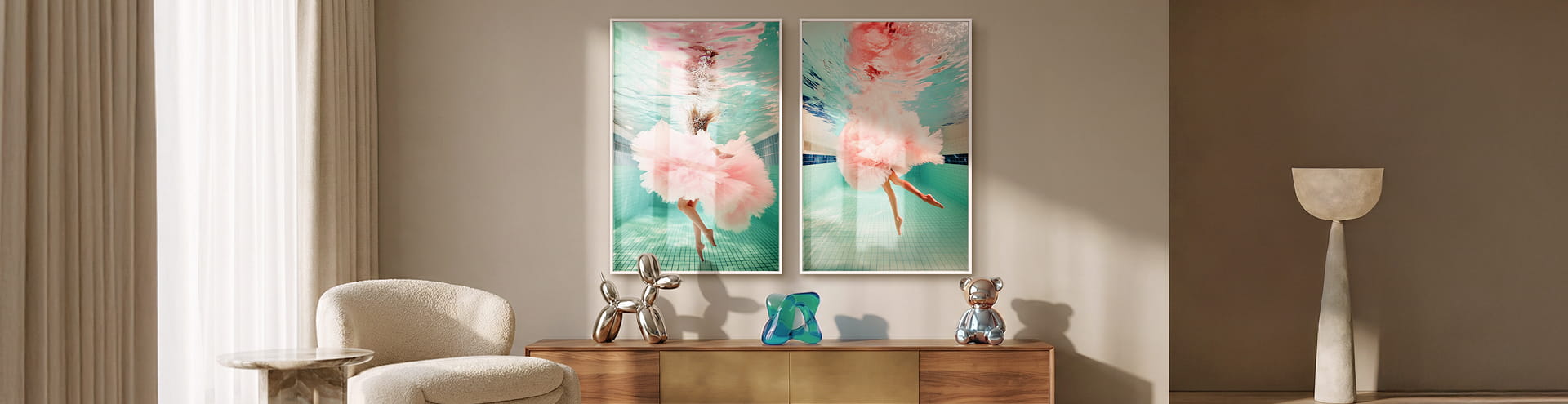 A gallery wall features six art prints, including colorful and black-and-white pieces—portraits of women, a leopard in a grand hall, a swimmer underwater, and vintage-style photography.