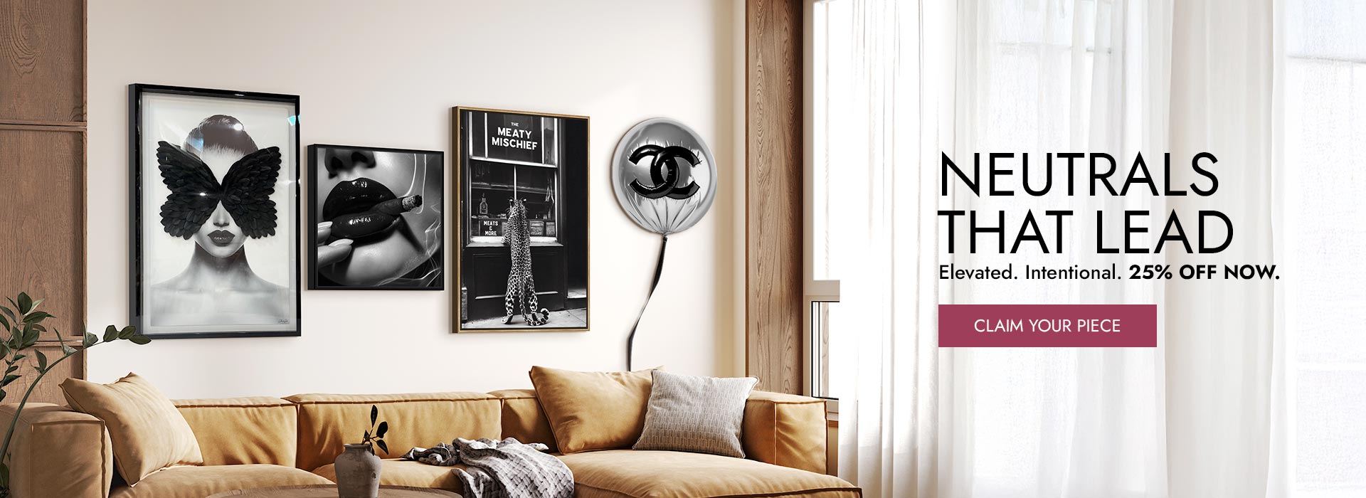 Modern luxury art display featuring monochrome surfboards and metallic designer balloons from the Elegant Neutrals Collection.