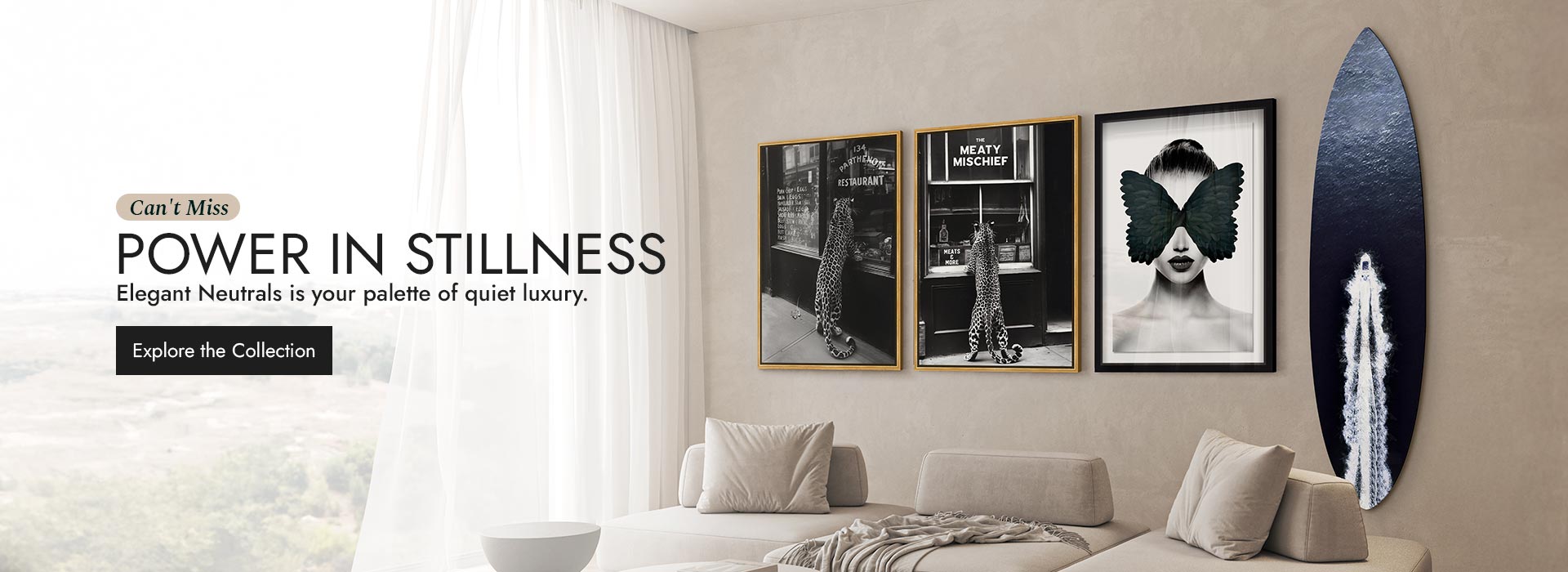 Modern luxury art display featuring monochrome surfboards and metallic designer balloons from the Elegant Neutrals Collection.