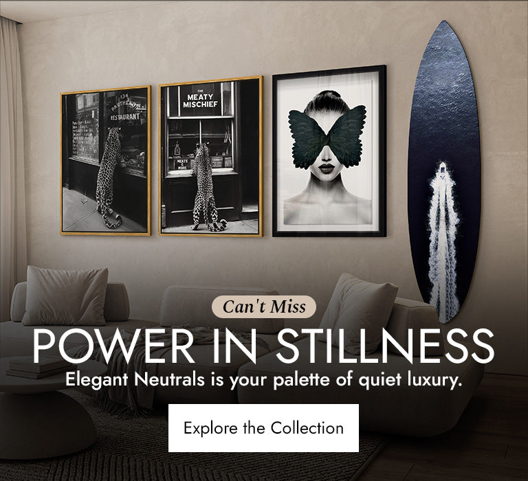 Modern luxury art display featuring monochrome surfboards and metallic designer balloons from the Elegant Neutrals Collection.