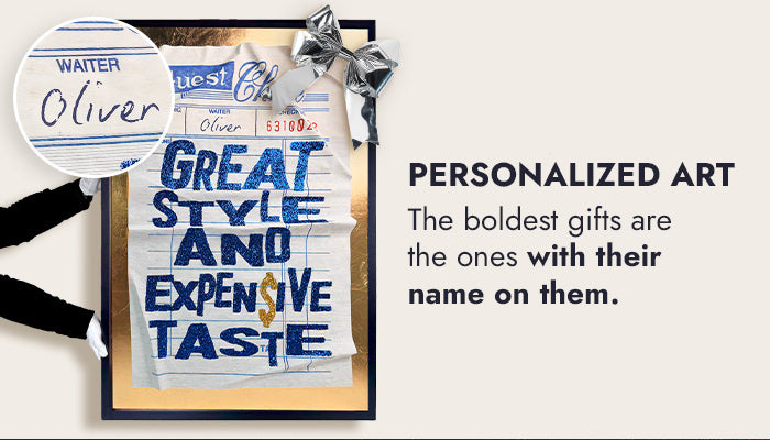 A gallery wall features six art prints, including colorful and black-and-white pieces—portraits of women, a leopard in a grand hall, a swimmer underwater, and vintage-style photography.