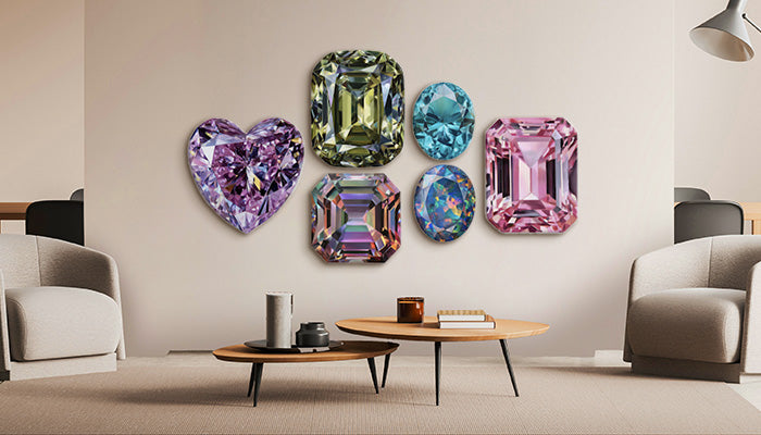 A gallery wall features six art prints, including colorful and black-and-white pieces—portraits of women, a leopard in a grand hall, a swimmer underwater, and vintage-style photography.