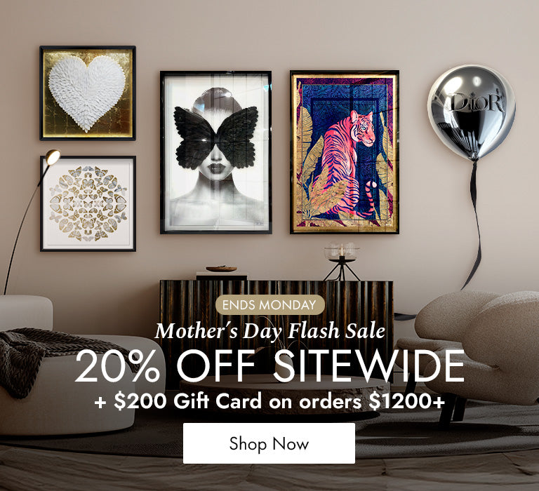 Modern living room featuring framed contemporary art and a Mother's Day Flash Sale promotion offering 20% off sitewide and a $200 gift card on orders over $1200, with a Dior balloon accent and elegant neutral-toned decor