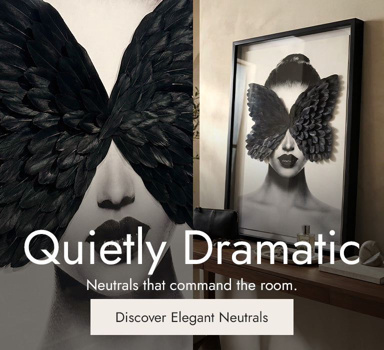 Modern luxury art display featuring monochrome surfboards and metallic designer balloons from the Elegant Neutrals Collection.