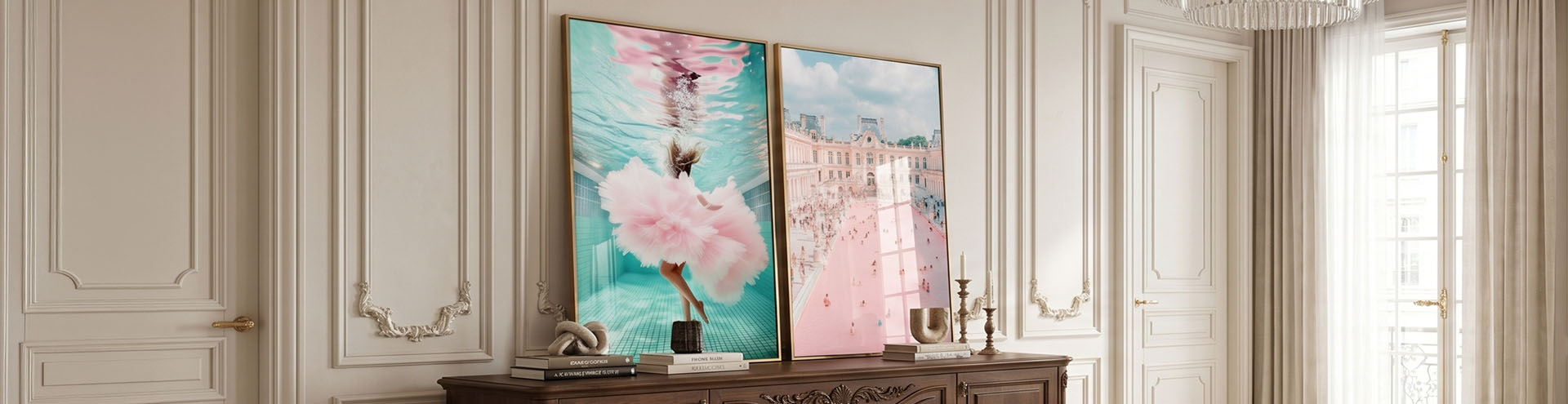 A gallery wall features six art prints, including colorful and black-and-white pieces—portraits of women, a leopard in a grand hall, a swimmer underwater, and vintage-style photography.