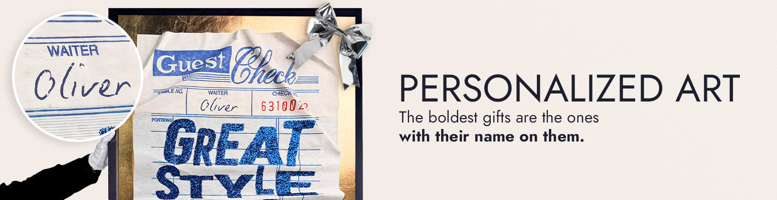 A gallery wall features six art prints, including colorful and black-and-white pieces—portraits of women, a leopard in a grand hall, a swimmer underwater, and vintage-style photography.