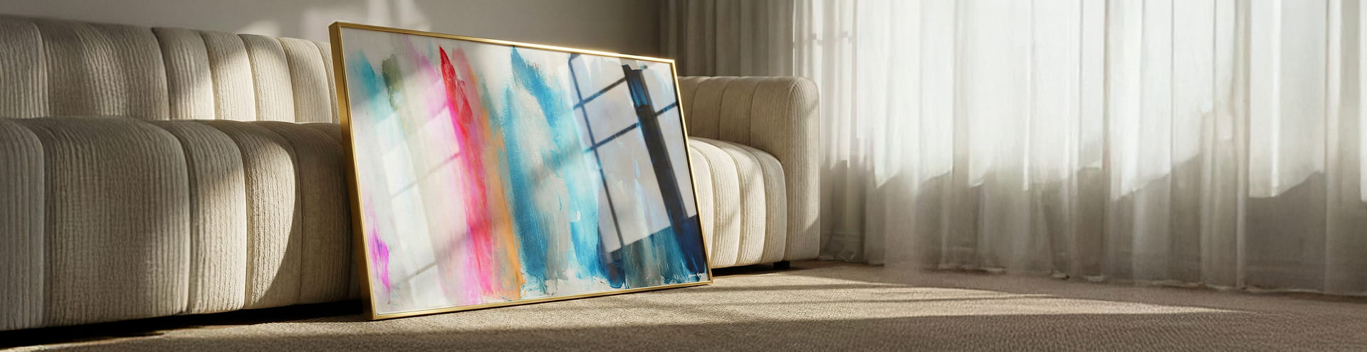 A gallery wall features six art prints, including colorful and black-and-white pieces—portraits of women, a leopard in a grand hall, a swimmer underwater, and vintage-style photography.