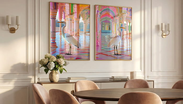 A gallery wall features six art prints, including colorful and black-and-white pieces—portraits of women, a leopard in a grand hall, a swimmer underwater, and vintage-style photography.