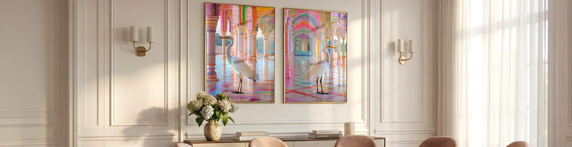 A gallery wall features six art prints, including colorful and black-and-white pieces—portraits of women, a leopard in a grand hall, a swimmer underwater, and vintage-style photography.