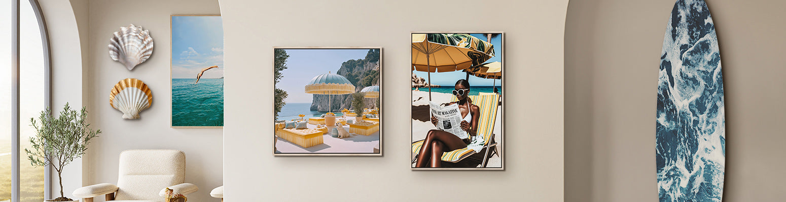 A gallery wall features six art prints, including colorful and black-and-white pieces—portraits of women, a leopard in a grand hall, a swimmer underwater, and vintage-style photography.