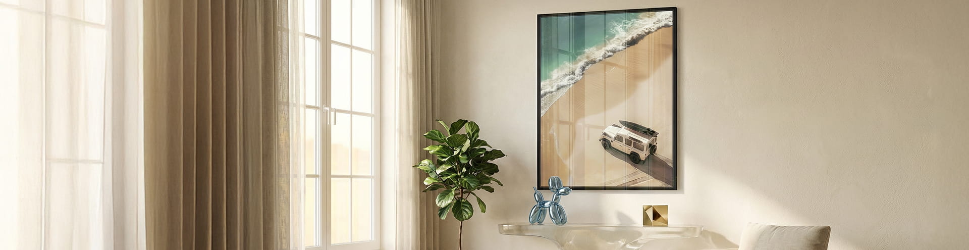 A gallery wall features six art prints, including colorful and black-and-white pieces—portraits of women, a leopard in a grand hall, a swimmer underwater, and vintage-style photography.