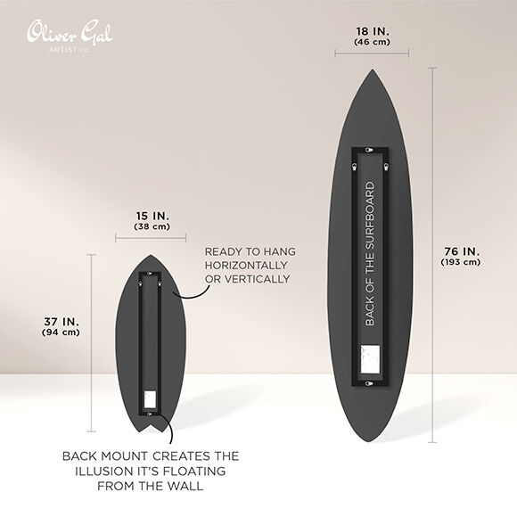 Oliver Gal decorative surfboard and skimboard size guide infographic