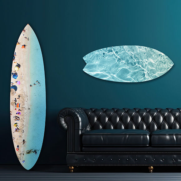 Oliver Gal coastal decorative surfboard and skimboard in a blue room