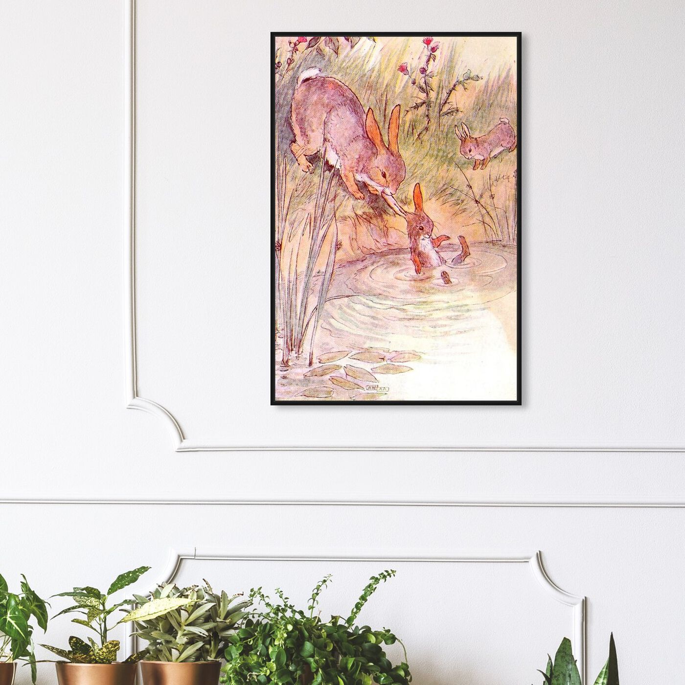 Hanging view of Bunny Fell in the Pond featuring animals and farm animals art.