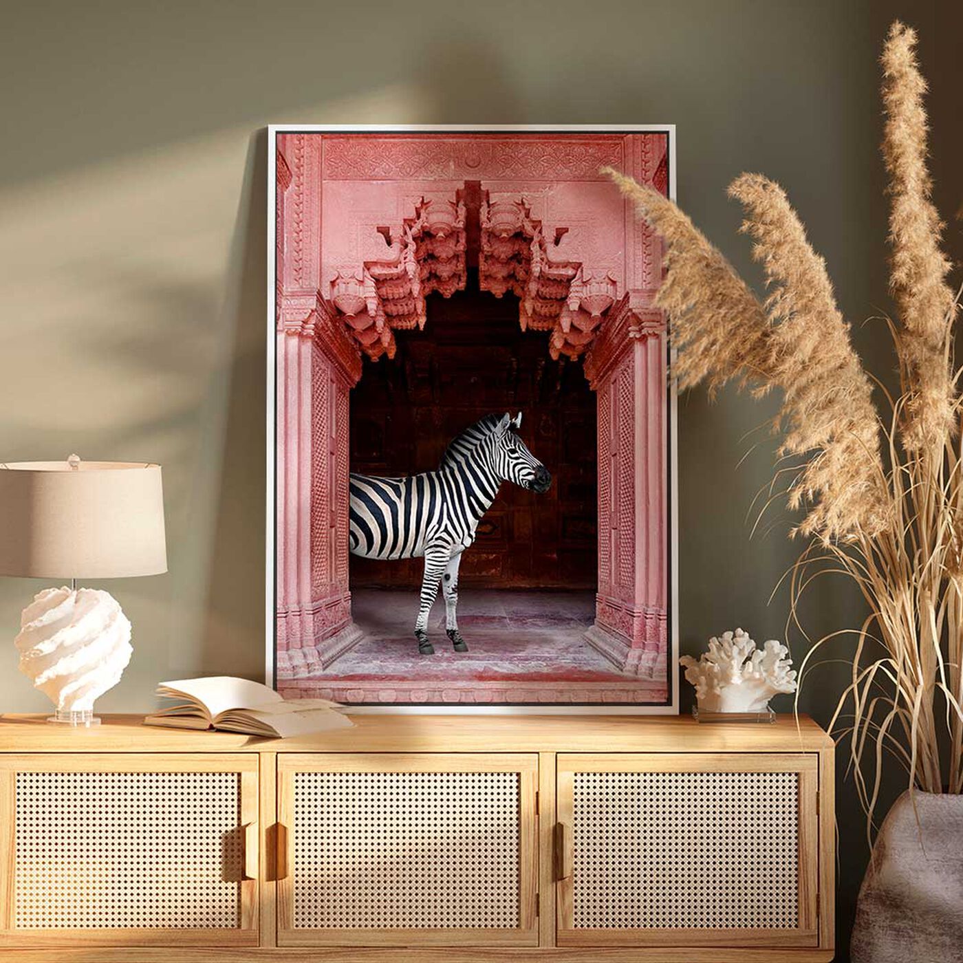 Hanging view of Zebras Apartment is Coral Pink featuring animals and zoo and wild animals art.